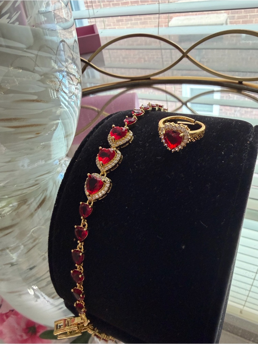 Gold-Tone Heart Ruby Bracelet & Ring Set - Red